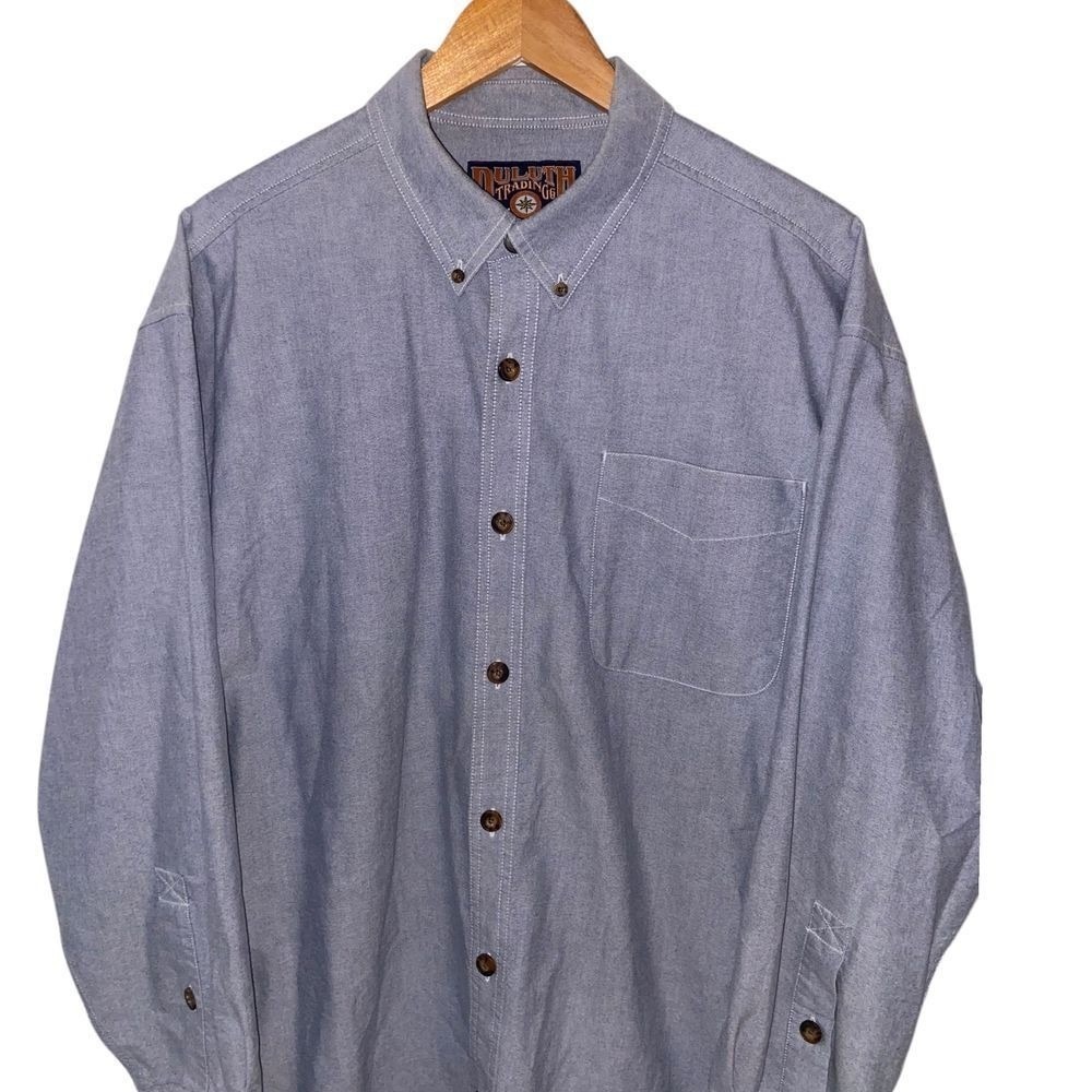 Duluth Trading Co Oxford Button Down Shirt Gray Chambray Workwear Utility XL